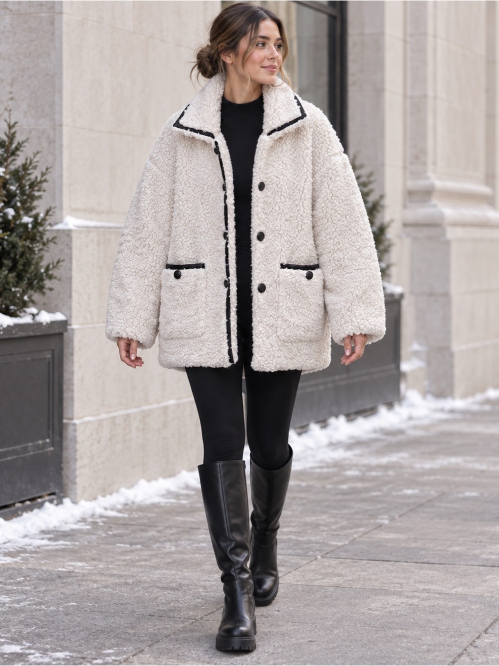 BRUNETTE The Label Leather Trim Sherpa Jacket M/L Cream Black Oversized